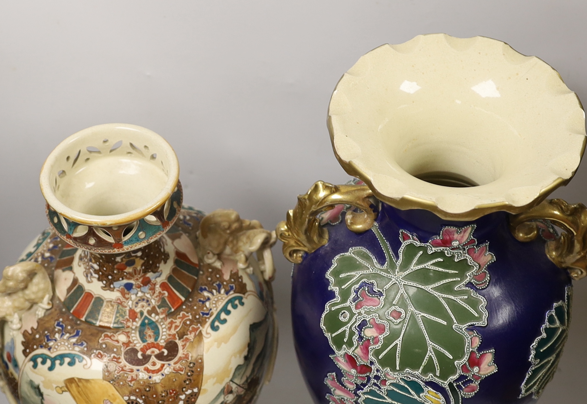 Two large Satsuma pottery vases, tallest 47cm